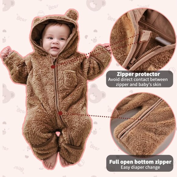 Newborn Baby Bear Outfit With Fold Over Mittens and Footies Girls Winter Fleece - Picture 7 of 7